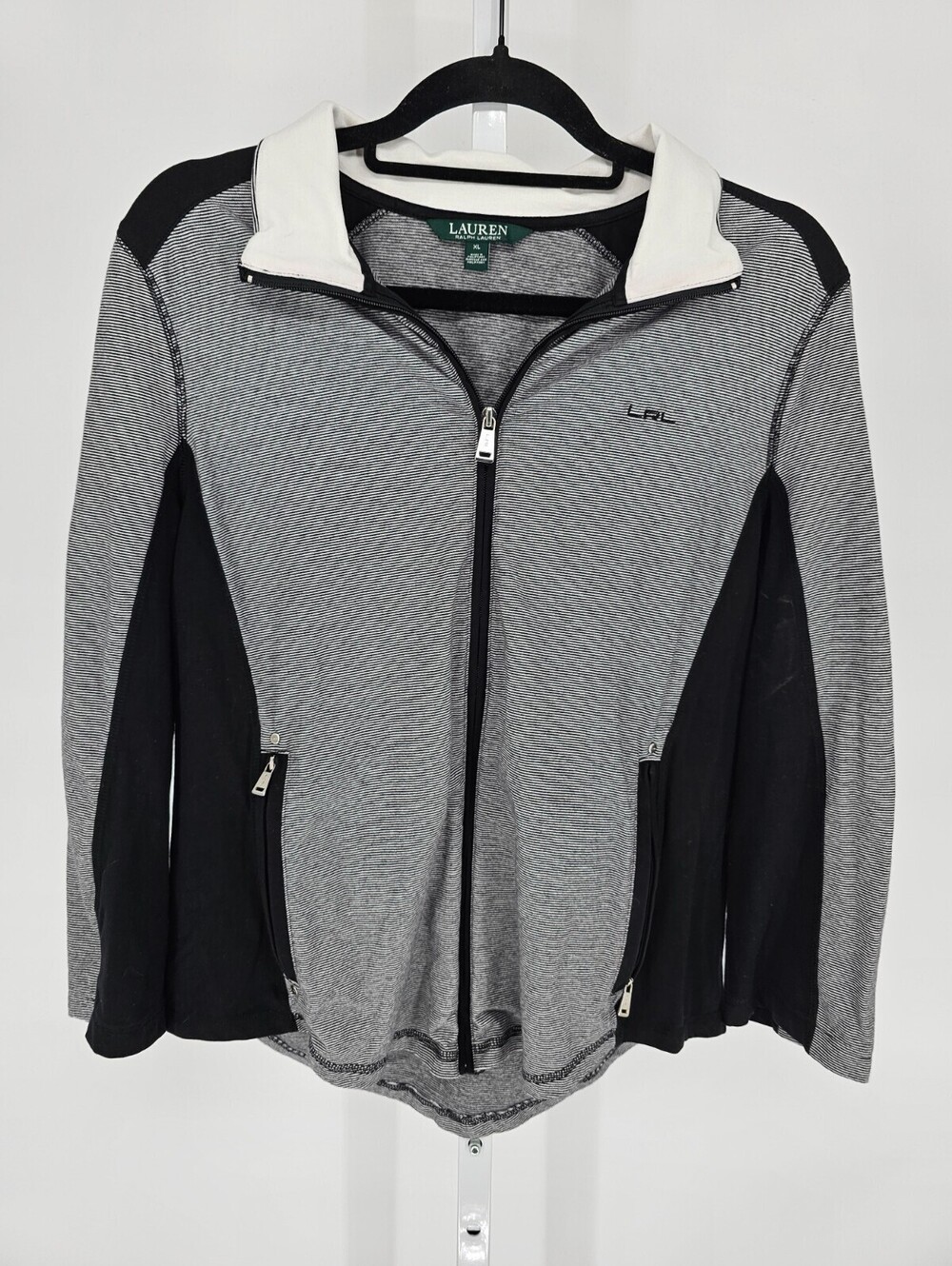 Lauren Ralph Lauren Womens Sz XL Black and White Striped Athletic Jacket Zip Up - Picture 1 of 4
